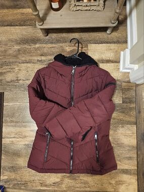 Women's Burgundy Puffer Jacket with Hood